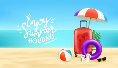 Summer illustration with vacation elements. Horizontal banner with lettering  스톡 일러스트