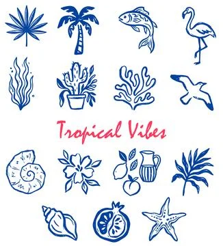 Summer ink doodles set. Hand drawn beach and tropical elements. Illustrazione stock
