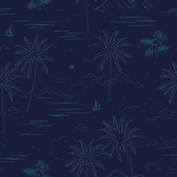 Summer island seamless pattern on navy blue background,landscape with palm .. Stock Illustration