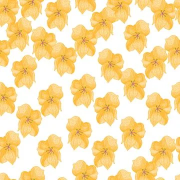 Summer isolated scrapbook seamless pattern with outline orange orchid flowers Stock Illustration