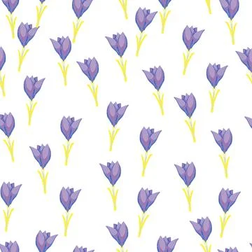 Summer isolated seamless pattern with purple little crocus flowers shapes. Wh Stock Illustration