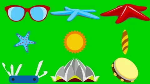 Summer items on green screen featuring sunglass starfish red sun shell knife Видео 334704220