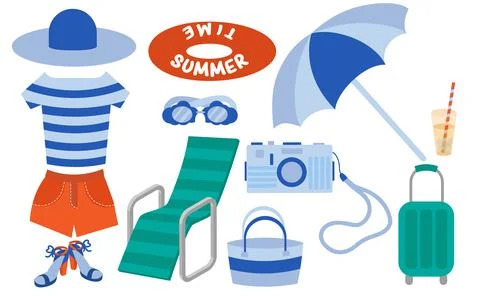 Summer items set, accessories: sunglasses, parasol, lifebuoy, cold drinks, be Stock Illustration