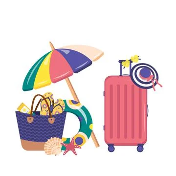 Summer items set. Beach suitcase and accessories, sun umbrella, glasses, hat and Stock Illustration