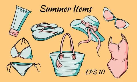 Summer items set. Hat, bag, flip flops, glasses, sun cream, swimsuit. Stock Illustration