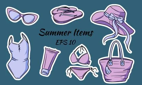 Summer items set. Hat, bag, flip flops, glasses, sun cream, swimsuit. Stock Illustration