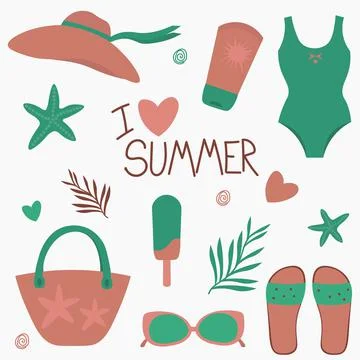 Summer items set - vector flat design jn the theme of beach and vacation. Ima Stock Illustration