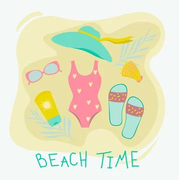 Summer items set - vector flat design jn the theme of beach and vacation. Ima Stock Illustration