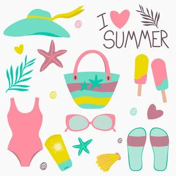 Summer items set - vector flat design jn the theme of beach and vacation. Ima Stock Illustration