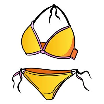 Summer items two-piece swimsuit for swimming yellow in cartoon style Stock Illustration