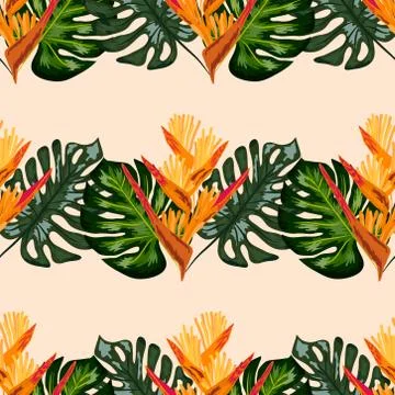 Summer jungle pattern with tropical flowers heliconia or lobster-claw backgro Stock-Illustration