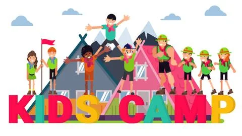 Summer kids camp concept, vector illustration. Scout adventure at nature, travel Stock Illustration