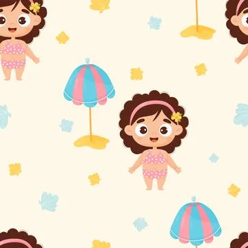 Summer kids seamless pattern. Cute beach girl in swimsuit with sun umbrella.. Illustrazione stock