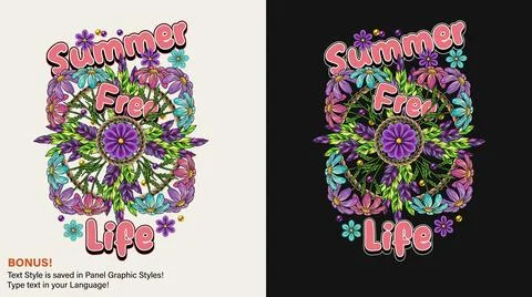 Summer label with chamomiles, feathers, text Stock Illustration