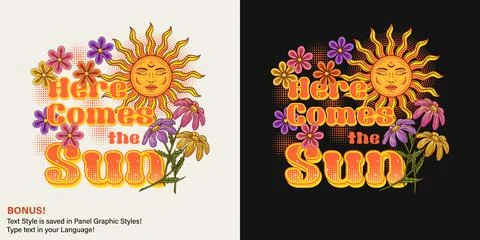 Summer label with sun with face, chamomiles Stock Illustration