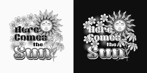 Summer label with sun with face, chamomiles Stock Illustration