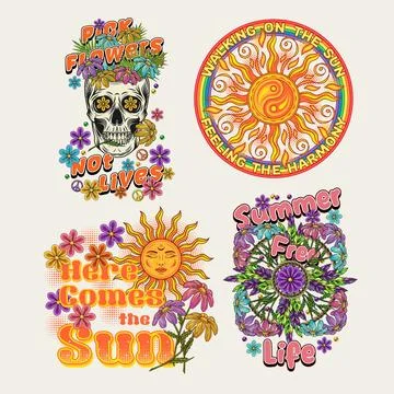 Summer labels with sun, rainbow, chamomiles, skull Stock Illustration