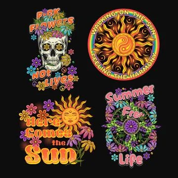 Summer labels with sun, rainbow, chamomiles, skull Stock Illustration