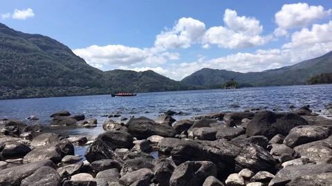 Summer At Lake Low Angle, Rocks Foreground, Mountain Backdrop, Killarney Stock Footage 90818695