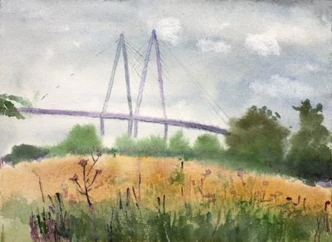 Summer landscape and cable-stayed bridge Stock Illustration