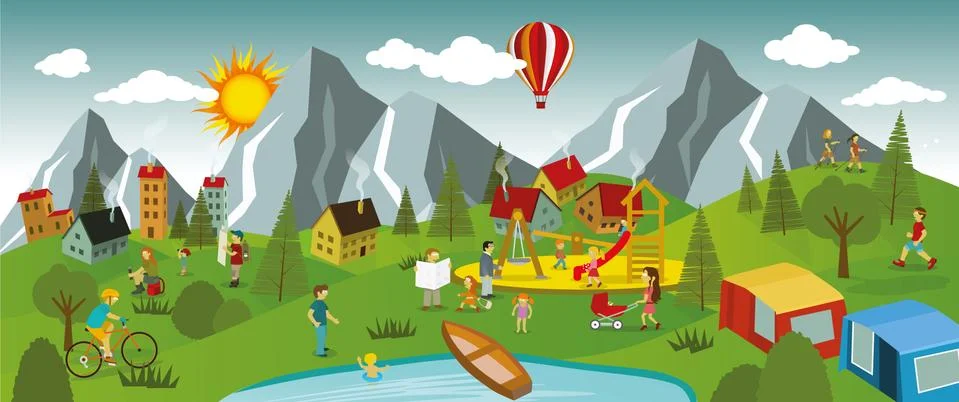 Summer landscape and summer activities Stock Illustration