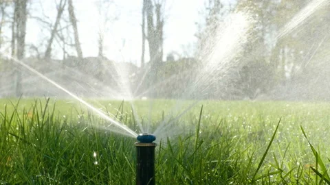 Summer landscape. Automatic watering system for plants and lawn. 4K 库存影片 106635903