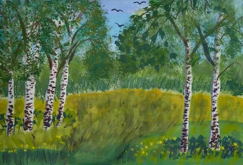 Summer landscape with birch trees in the foreground, green meadow,  forest an Stock Illustration