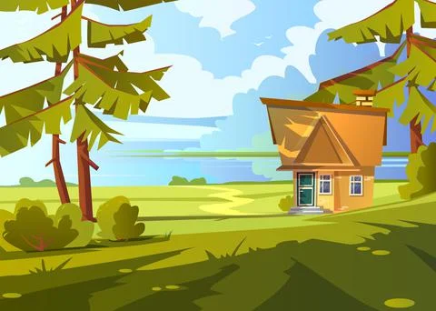 Summer landscape with brick house on lake shore Stock Illustration