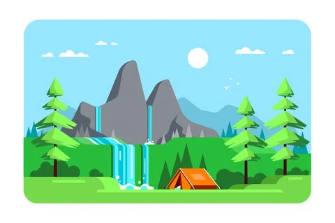 Summer landscape, camping area, flat design illustration Stock Illustration
