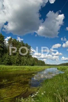 Summer landscape with clouds, river and forest Stock Photos