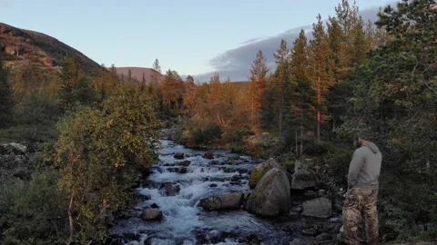 A summer landscape of fast streams of the mountain river in the early morning Stock Footage 164373438