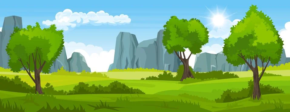 Summer landscape with fields and trees and mountains Stock Illustration