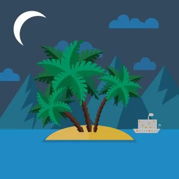 Summer landscape in flat style at night Stock Illustration