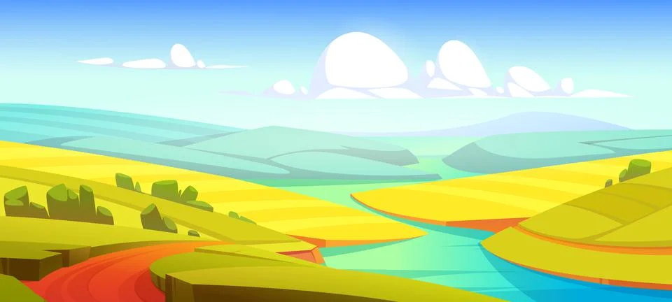 Summer landscape with green fields, river and road Stock Illustration