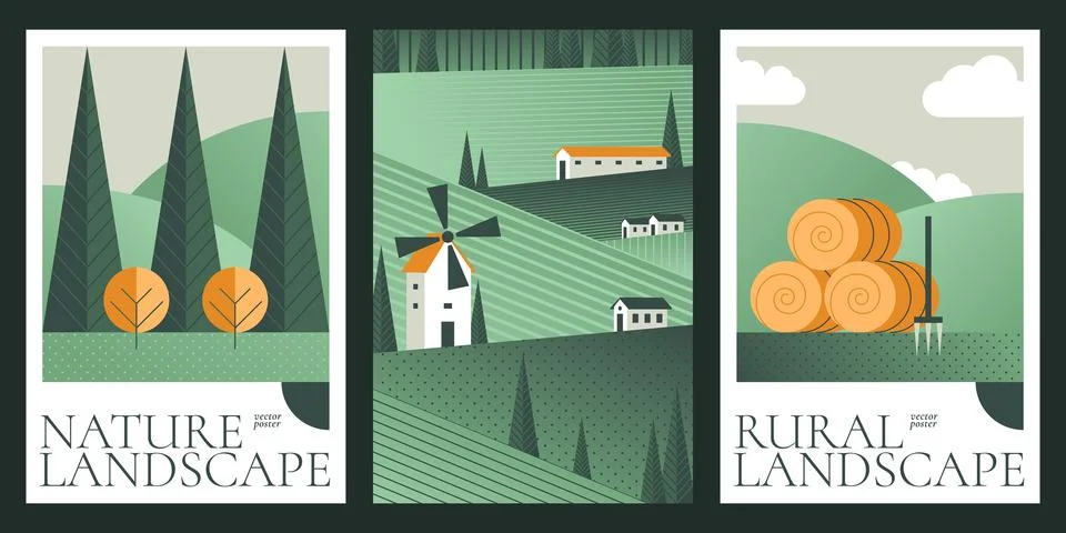 Summer landscape, green fields, rolling hills and cows Stock Illustration