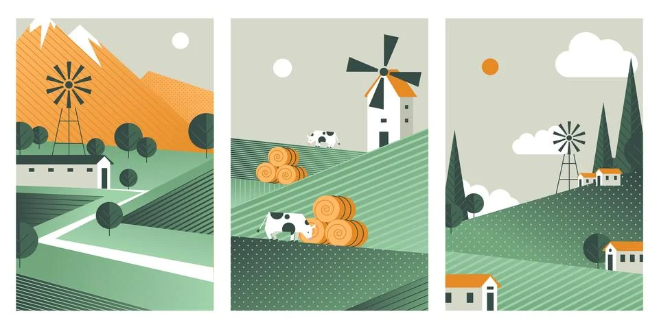 Summer landscape, green fields, rolling hills and cows Stock Illustration