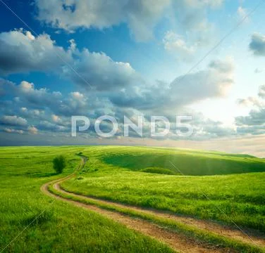 Summer landscape with green grass, road and clouds Stock-Fotos