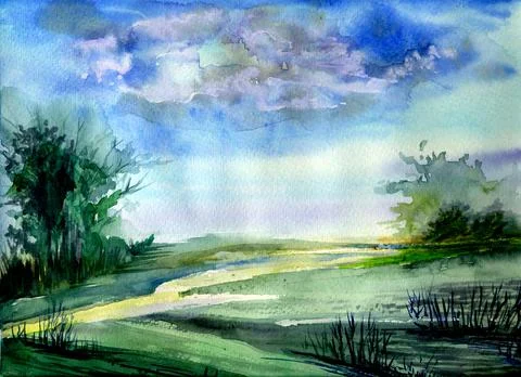 Summer landscape with greenery, clouds and river, watercolor. River view. Stock Illustration