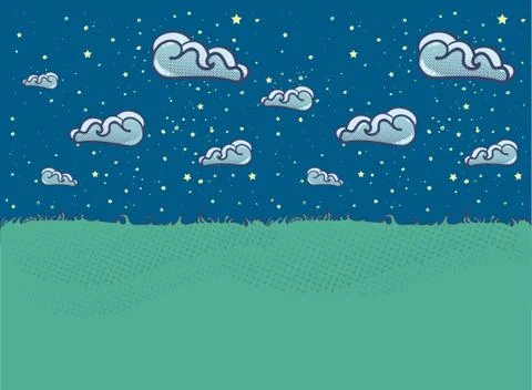 Summer landscape Illustration with clouds in flat style. Stock Illustration