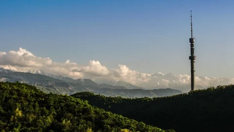 Summer landscape in mountains and dark blue sky. Time lapse. Almaty. Kok tobe. Stock Footage 75554363