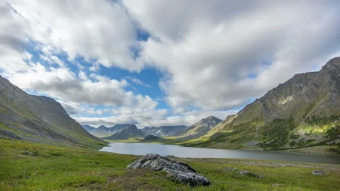 Summer landscape with mountains, Lake Hadata, Polar Urals, Yamal Video stock 306363762