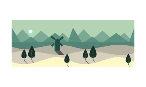 Summer landscape at night time, summer scenery with green trees and windmill Illustrazione stock