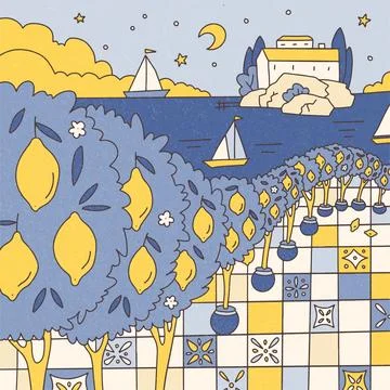 Summer landscape with Potted Lemon trees, Italian tiles floor on the Stock Illustration
