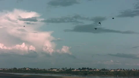Summer landscape. Rare clouds float slowly across the blue sky above the river. Stock Footage 142081100
