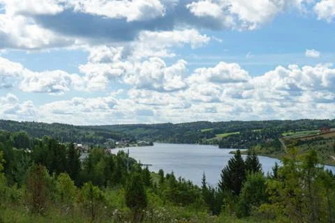 Summer Landscape with River and Clouds. Country landscape. Stock Photos