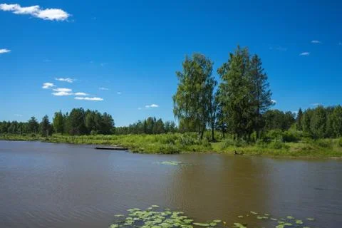 Summer Landscape with River and Clouds. Country landscape. Stock Photos