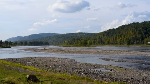 Summer landscape river and mountain views in the background of the sky Stock Footage 95066730