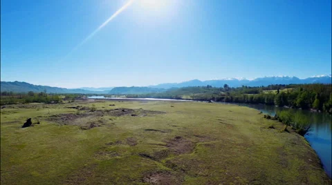 Summer landscape with river, field and blue sky Stock Footage 49548435