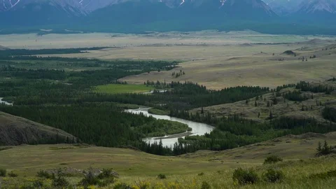 Summer landscape with river, trees and mountains. mountain bushes in the Stock Footage 93154903