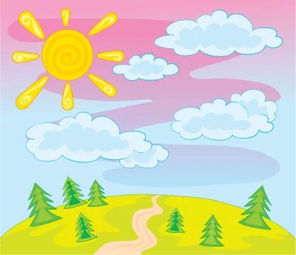 Summer landscape with sun, clouds, meadow, country road and copses, vector il Stock Illustration